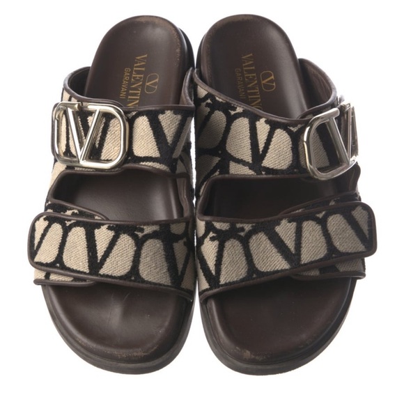Valentino Garavani Toile Iconograph Double Strap V-Logo Slide Sandals Mule - Picture 5 of 15